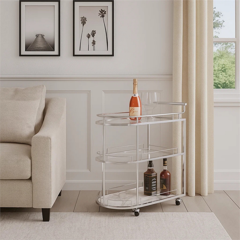 Pemberly Row Serving Cart with Oval Shape and Metal Bar Handle in Silver