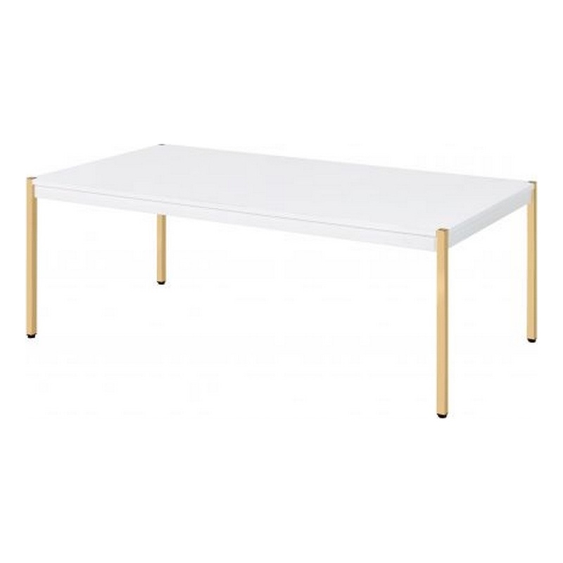 Pemberly Row Coffee Table with Metal Tube Legs in White and Gold