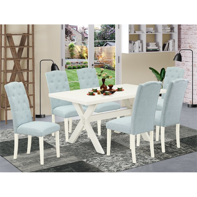 Pemberly Row 7-Piece Dining Set with Linen Fabric Seats in Baby Blue