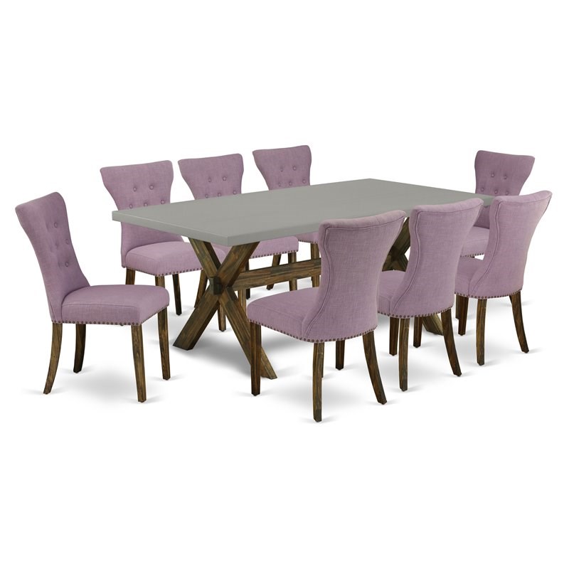 Pemberly Row Dining Table Set with X-Style Base and 8 Chairs in Dahlia
