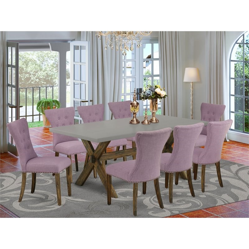 Pemberly Row Dining Table Set with X-Style Base and 8 Chairs in Dahlia