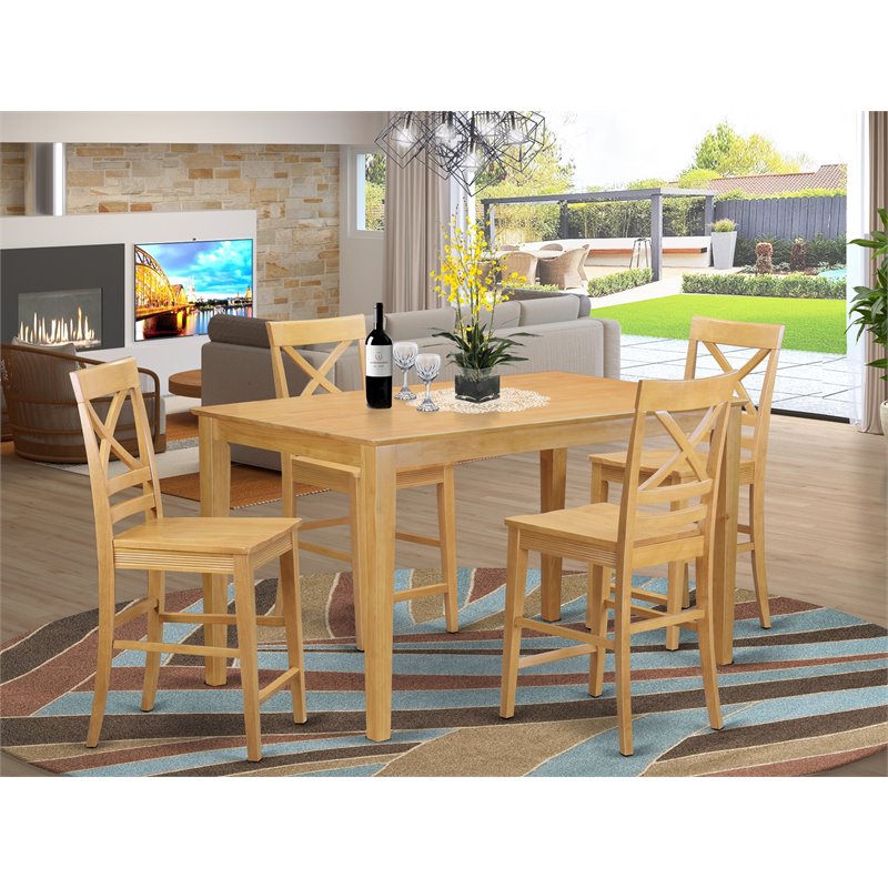 Pemberly Row 5-Piece Rubberwood Dining Set with Bar Stools in Oak