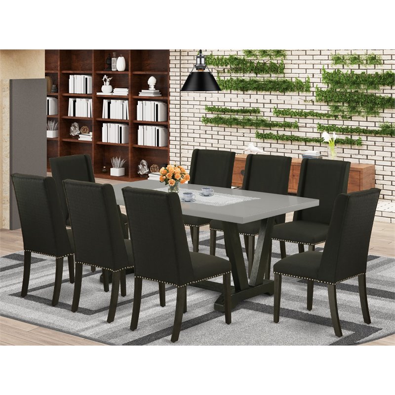 Pemberly Row V-Style 9-Piece Dining Set with Linen Seats in Black