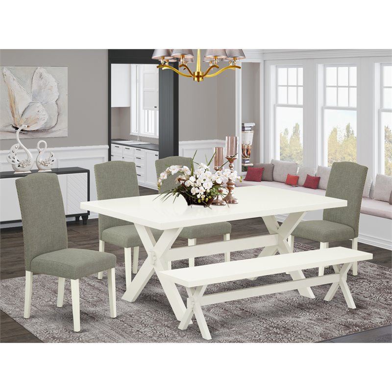 Pemberly Row 6-Pc Wood Dining Set with Bench in Linen White/Dark Shitake