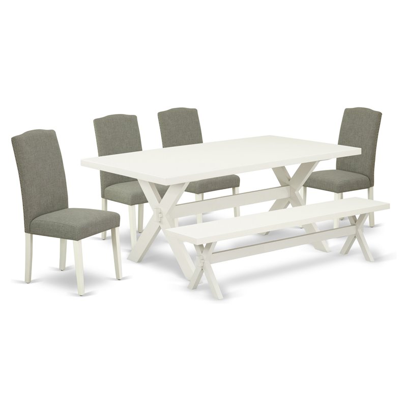 Pemberly Row 6-Pc Wood Dining Set with Bench in Linen White/Dark Shitake