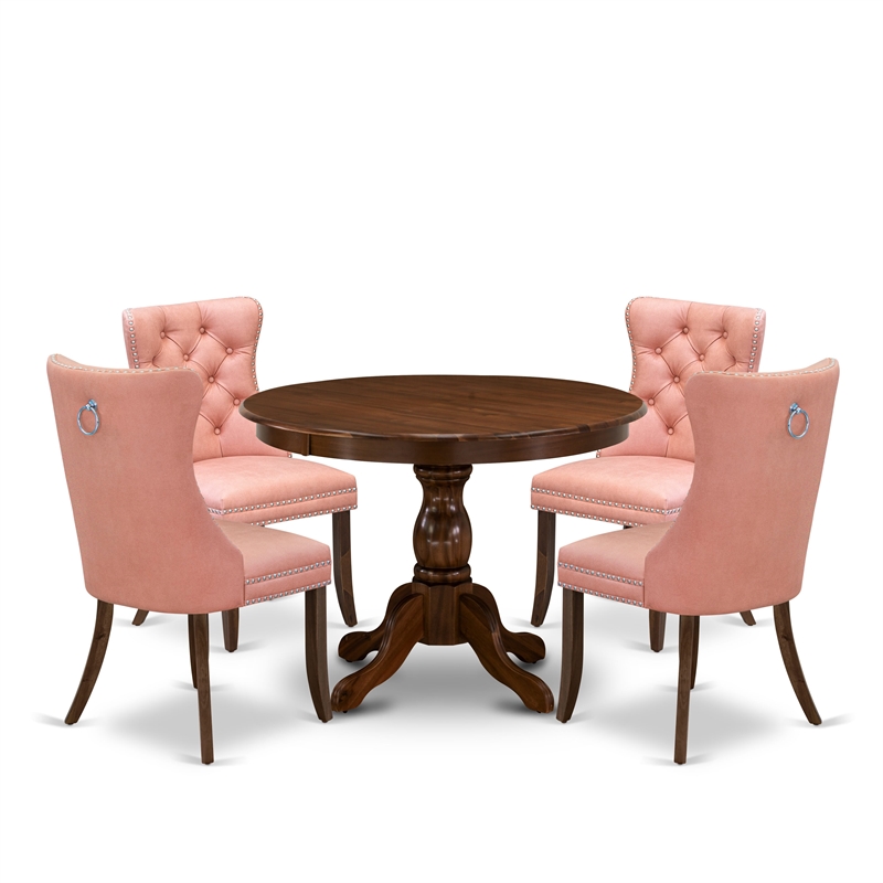Pemberly Row 5-Pc Round Walnut Kitchen Table Set with Beige Red Chairs