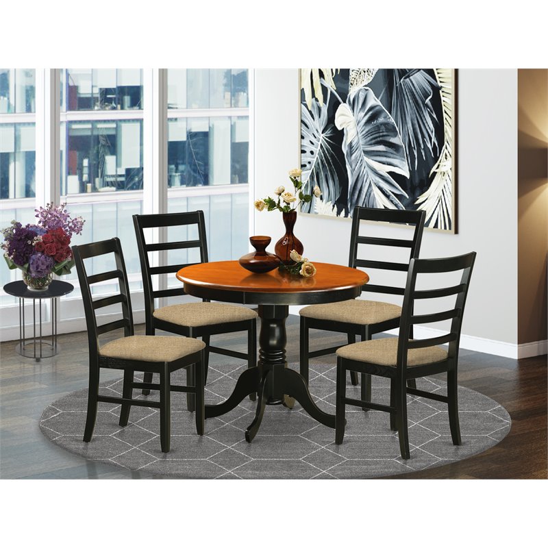Pemberly Row Antique 5-Piece Dining Set with Linen Seats in Black/Cherry