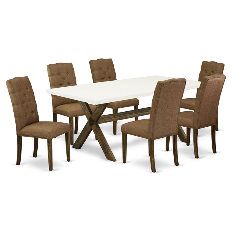 Pemberly Row X-Style 7-Piece Wood Dining Set in Brown Smoke Finish