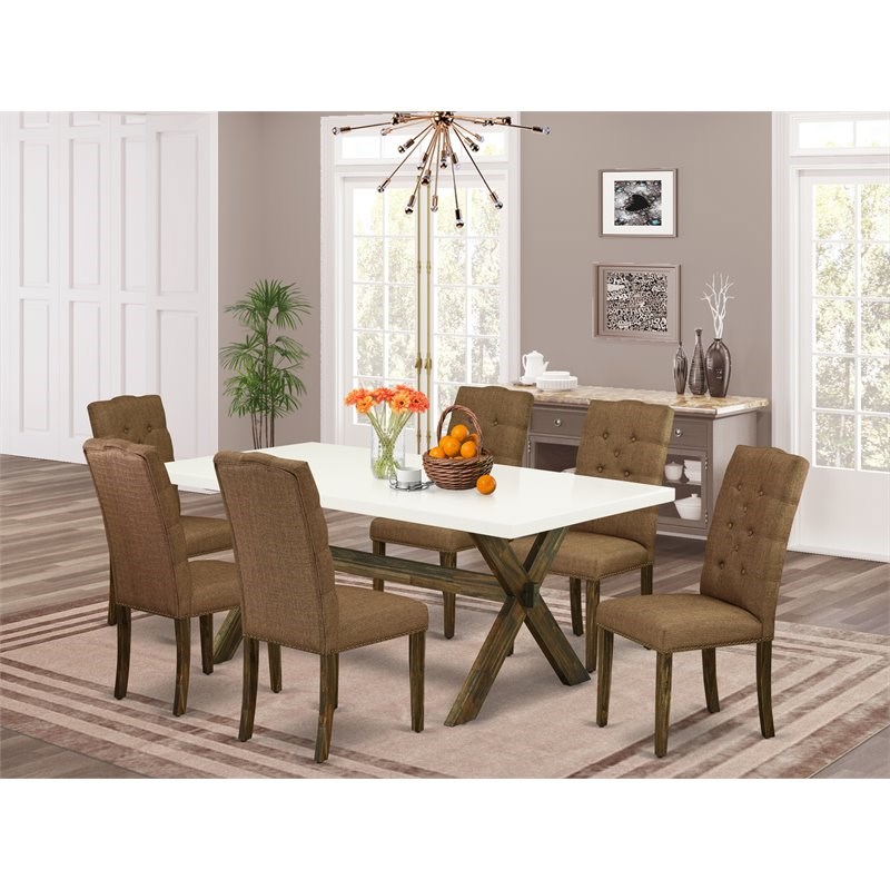 Pemberly Row X-Style 7-Piece Wood Dining Set in Brown Smoke Finish