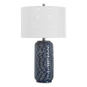 Pemberly Row 27&quot Ceramic Table Lamp Wavy Texture in Blue Silver and White