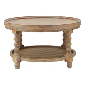Pemberly Row 30&quot Coffee Table Fir Wood Lower Tier Woven Wicker Shelf Brown