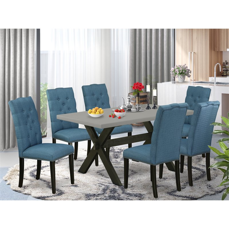 Pemberly Row 7-Piece Wood Dining Table Set in Black and Mineral Blue