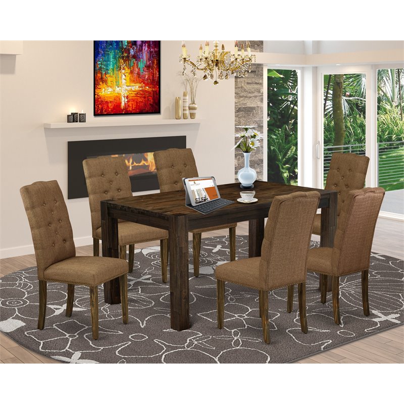Pemberly Row 7-Piece Dining Set in Jacobean with Tufted Chairs