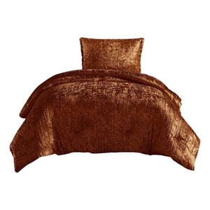 Pemberly Row 2 Piece Twin Comforter Set in Copper Polyester Velvet Deluxe