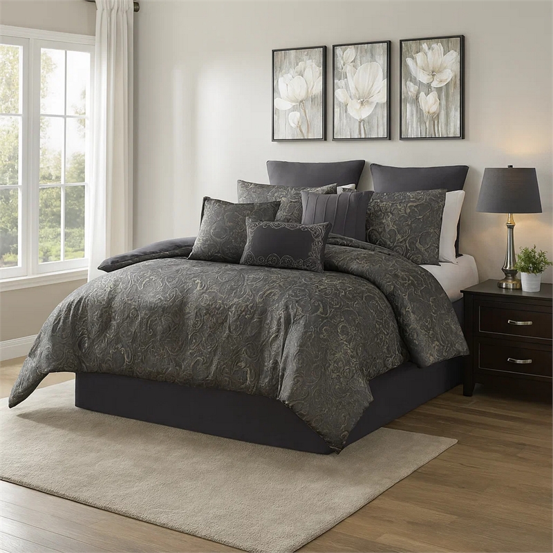 Pemberly Row 9 Piece Queen Comforter Set Damask Pattern Charcoal Gray