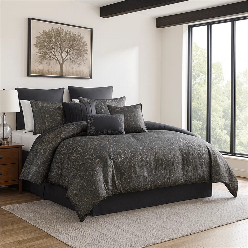 Pemberly Row 9 Piece Queen Comforter Set Damask Pattern Charcoal Gray