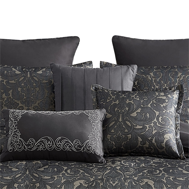 Pemberly Row 9 Piece Queen Comforter Set Damask Pattern Charcoal Gray