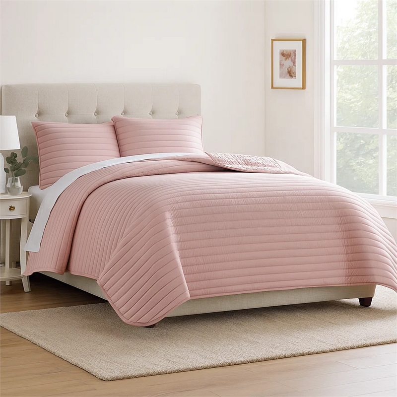 Pemberly Row 3 Piece Queen Comforter Set Channel Quilt in Rose Pink