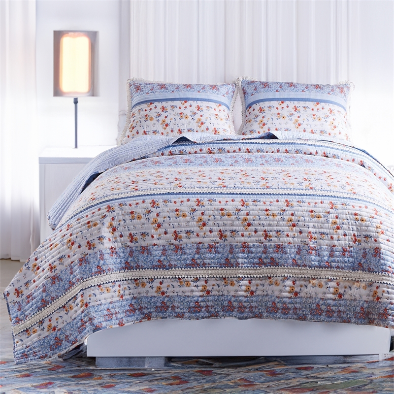 Pemberly Row 2 Piece Twin Quilt Set Floral Print Lace Trim Multicolor