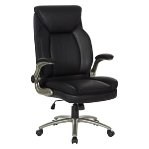 Pemberly Row Black Leather Big and Tall Chair Flip Arms Titanium Base