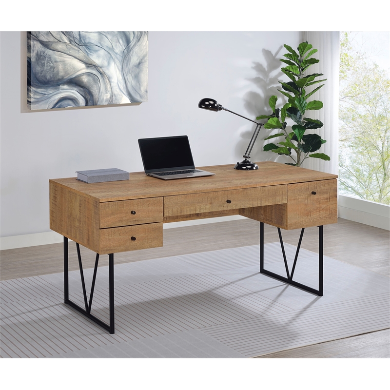 Pemberly Row 63 Inch 4 Drawer Engineered Wood Writing Desk in Brown