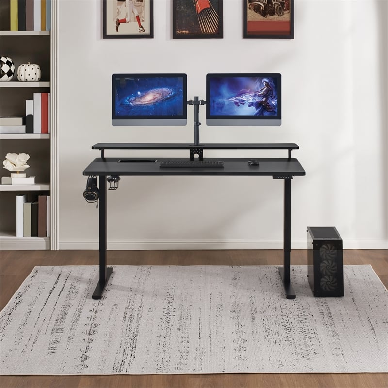 pemberly row 60 inch electric height adjustable gaming desk with hutch