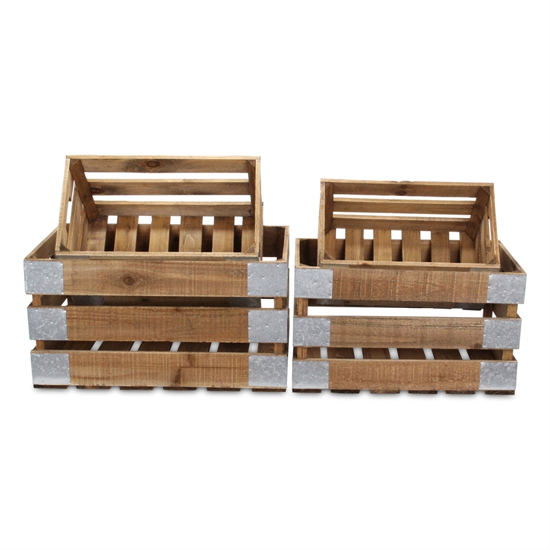 Pemberly Row Set of 4 Galvanized and Brown Nesting Crate Set