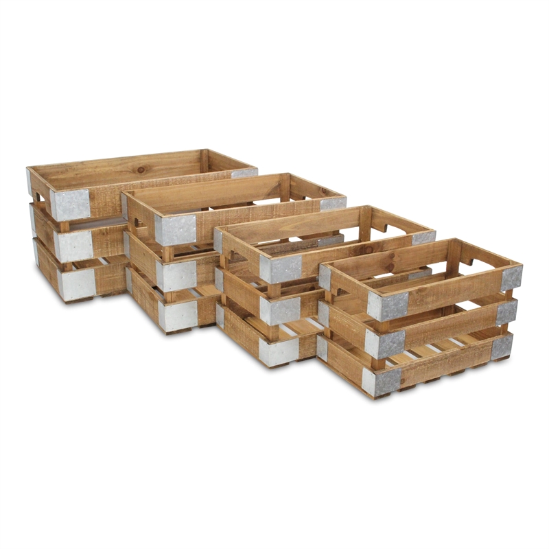 Pemberly Row Set of 4 Galvanized and Brown Nesting Crate Set