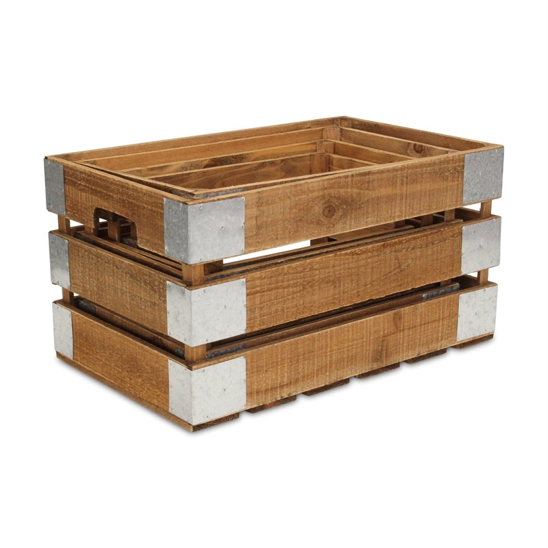 Pemberly Row Set of 4 Galvanized and Brown Nesting Crate Set