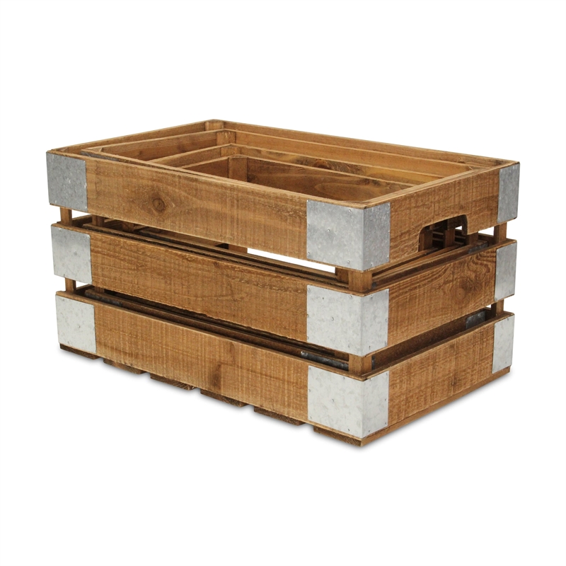 Pemberly Row Set of 4 Galvanized and Brown Nesting Crate Set