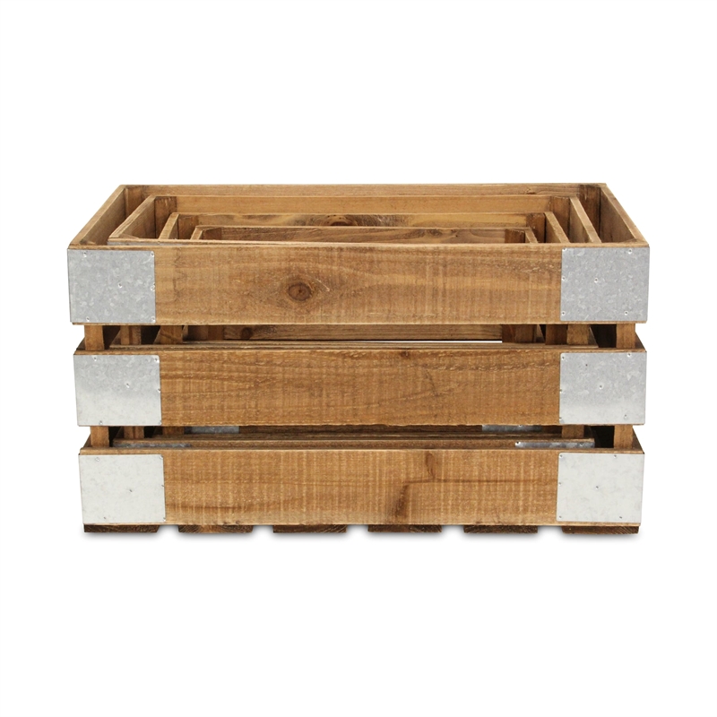 Pemberly Row Set of 4 Galvanized and Brown Nesting Crate Set