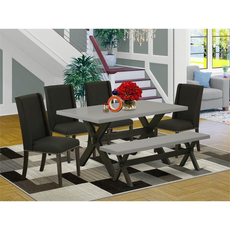 Pemberly Row X-Style 6-Piece Dining Set with Bench in Black and Cement