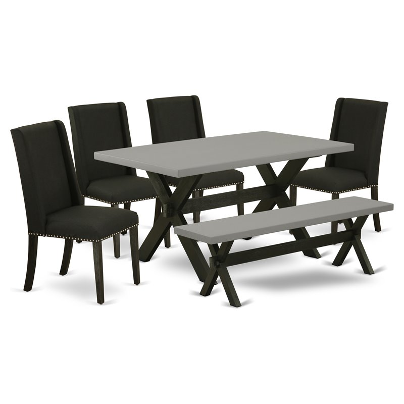 Pemberly Row X-Style 6-Piece Dining Set with Bench in Black and Cement
