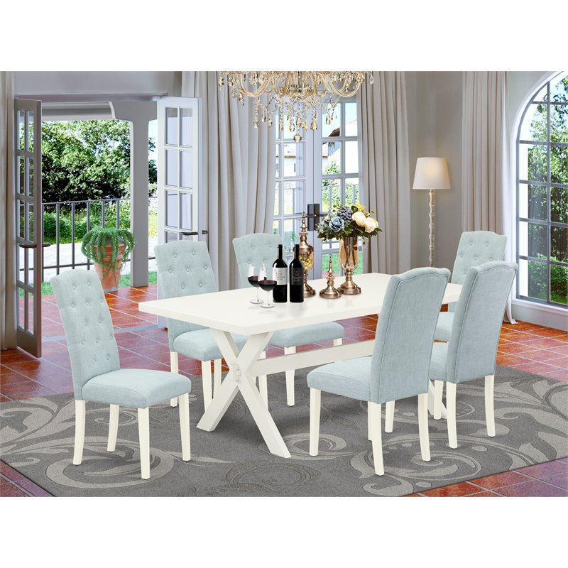 Pemberly Row 7-Piece X-Leg Dining Table Set with Baby Blue Finish