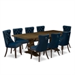 Pemberly Row 9-Piece Dining Set with Distressed Jacobean and Navy Chairs