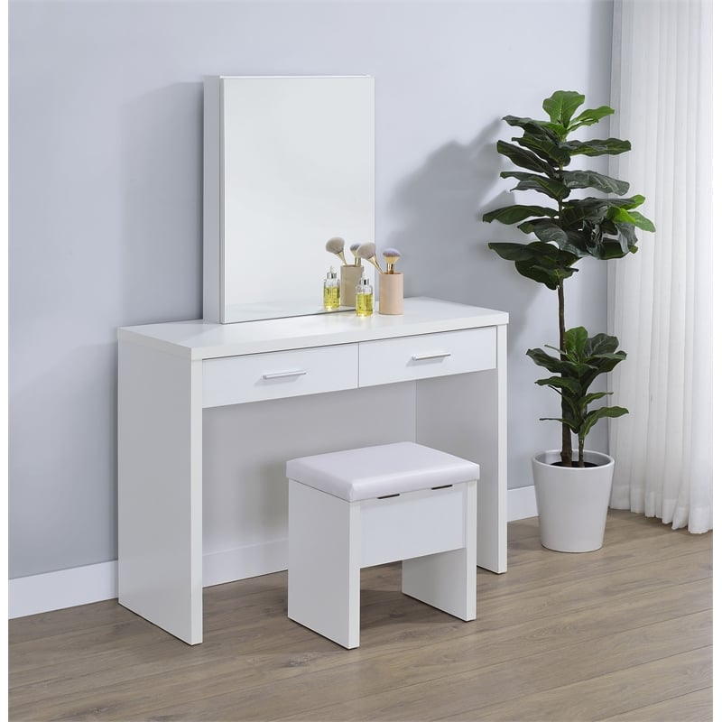 Pemberly Row Makeup Vanity Table Set With Mirror and Stool in White