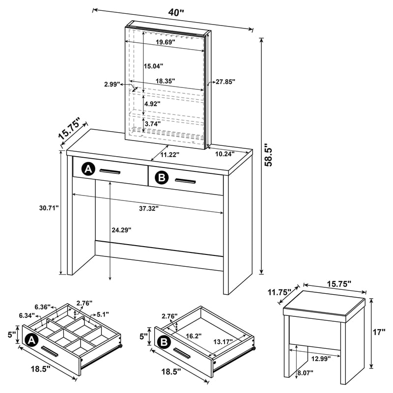 Pemberly Row Makeup Vanity Table Set With Mirror and Stool in White