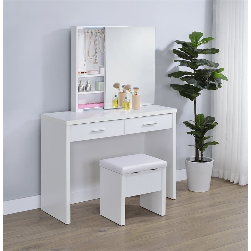 Pemberly Row Makeup Vanity Table Set With Mirror and Stool in White