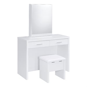Pemberly Row Makeup Vanity Table Set With Mirror and Stool in White