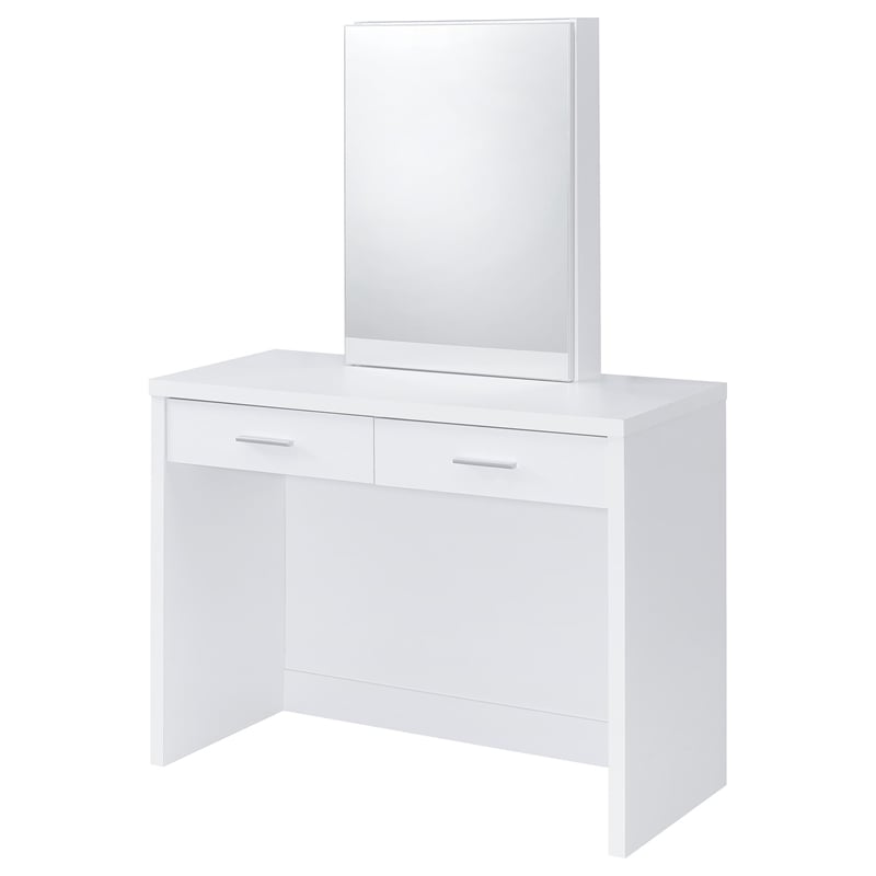 Pemberly Row Makeup Vanity Table Set With Mirror and Stool in White