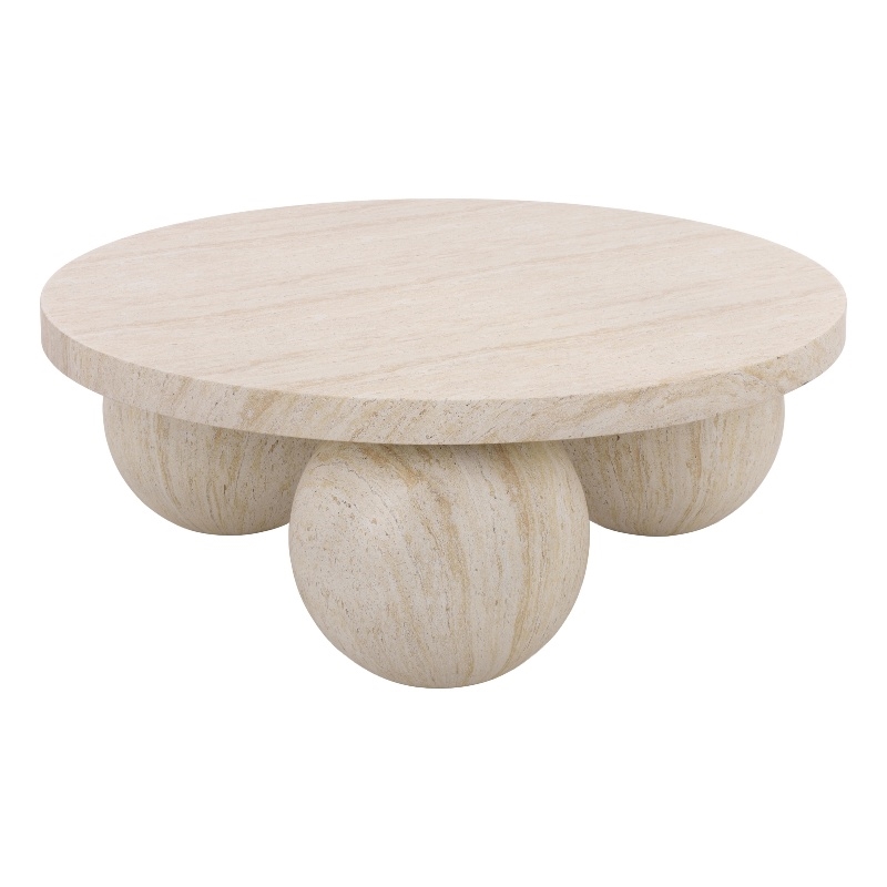 Pemberly Row 3-Ball Round Polystone Coffee Table in Beige Travertine