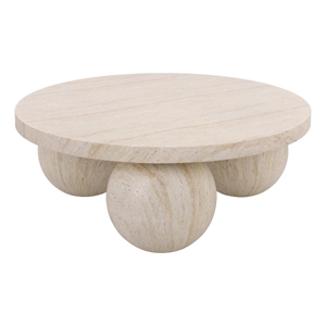 Pemberly Row 3-Ball Round Polystone Coffee Table in Beige Travertine