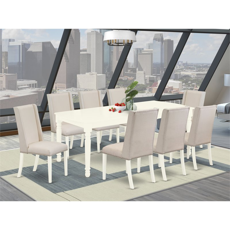 Pemberly Row 9-Piece Wood Dining Set with Upholstered Chairs in Linen White