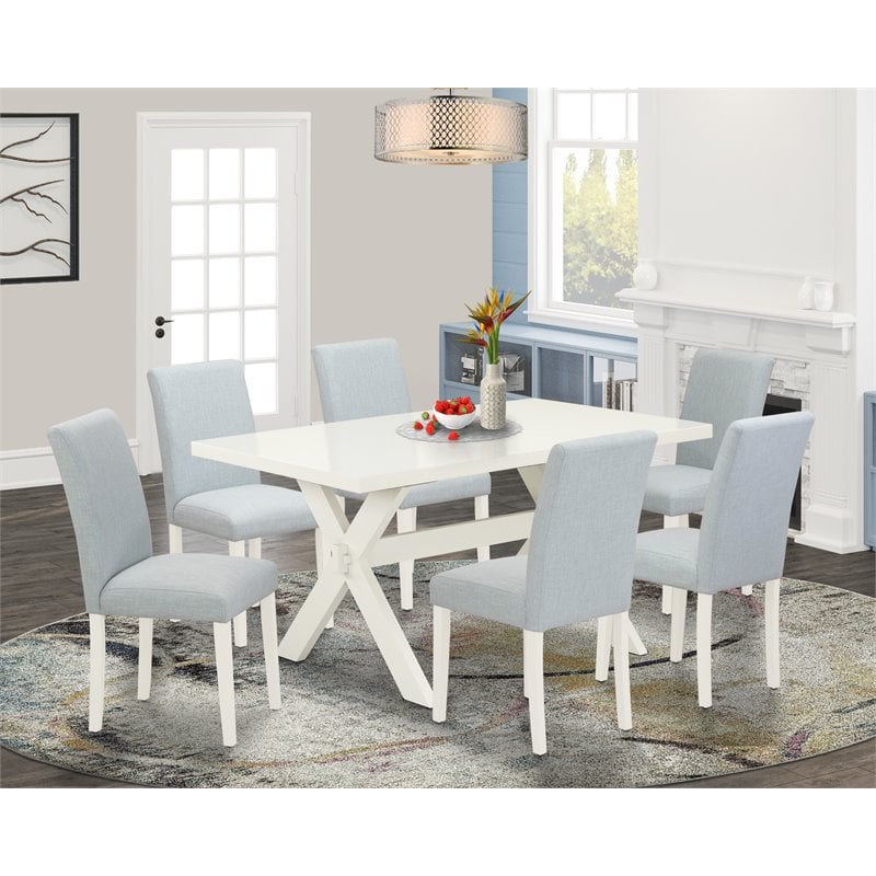 Pemberly Row X-Leg 7-Piece Wood Dining Set in Linen White with Blue