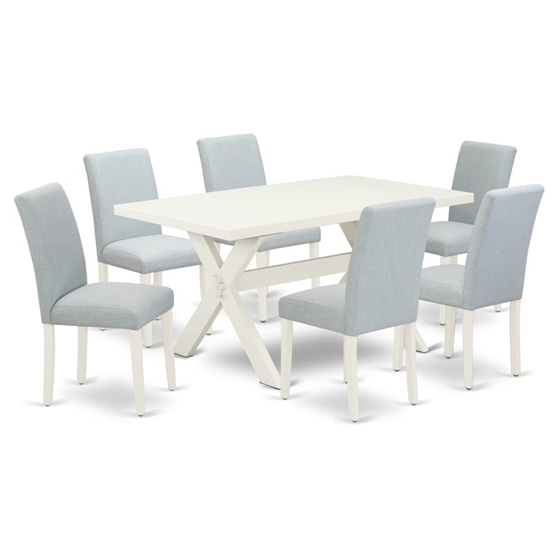 Pemberly Row X-Leg 7-Piece Wood Dining Set in Linen White with Blue