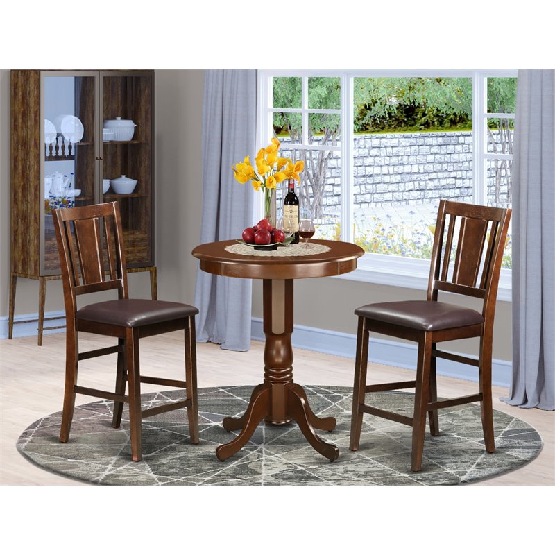 Pemberly Row 3-Piece Wood Dining Set with Bar Stools in Mahogany