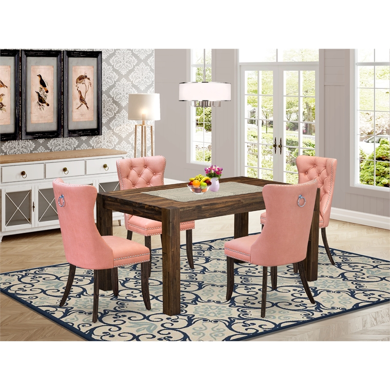 Pemberly Row 5-Piece Distressed Jacobean Dining Set with Beige Red Chairs