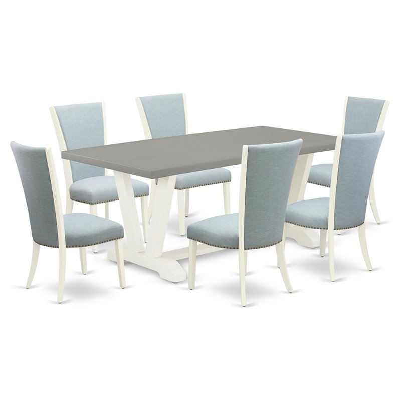 Pemberly Row 7-piece Wood Dining Set in Linen White with Baby Blue Chairs