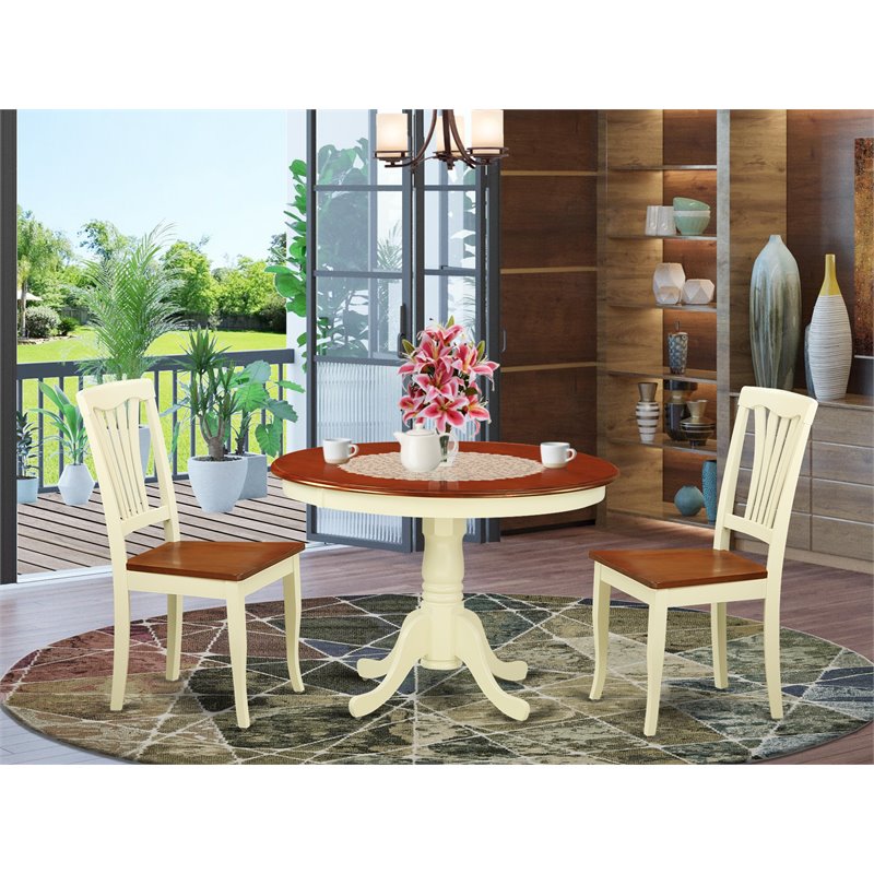 Pemberly Row 3-Piece Round Dining Table Set in Buttermilk and Cherry Finish