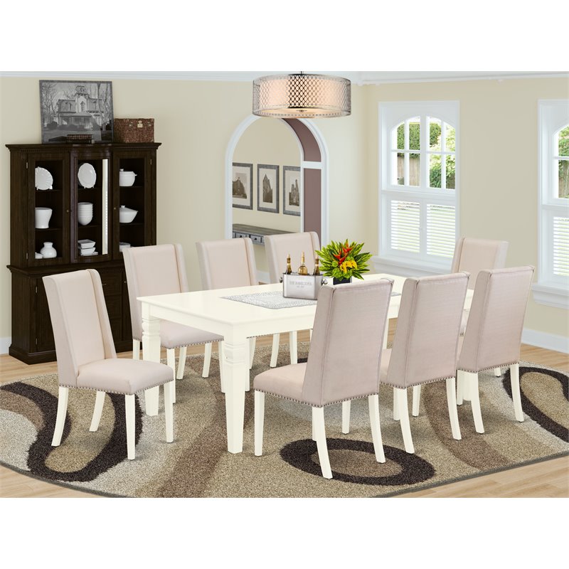 Pemberly Row 9-Piece Kitchen Dining Set with Parson Chairs in Linen White